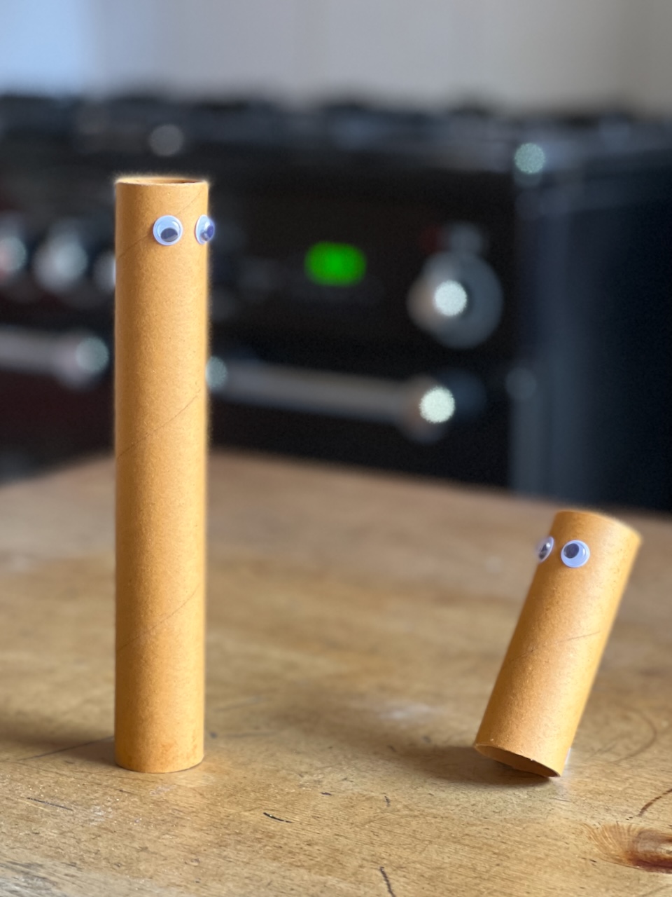 Two Empty Kitchen Roll Tubes on a Table, both Have Stick on Eyes